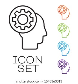 Black line Human head with gear inside icon isolated on white background. Artificial intelligence. Thinking brain sign. Symbol work of brain. Set icons colorful. Vector Illustration