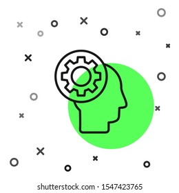 Black line Human head with gear inside icon isolated on white background. Artificial intelligence. Thinking brain sign. Symbol work of brain.  Vector Illustration