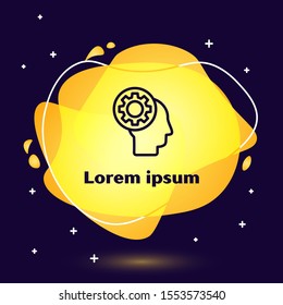 Black line Human head with gear inside icon on dark blue background. Artificial intelligence. Thinking brain sign. Symbol work of brain. Abstract banner with liquid shapes. Vector Illustration