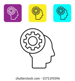 Black line Human head with gear inside icon isolated on white background. Artificial intelligence. Thinking brain sign. Symbol work of brain. Set icons colorful square buttons. Vector Illustration