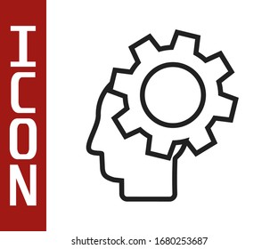 Black line Human head with gear inside icon isolated on white background. Artificial intelligence. Thinking brain. Symbol work of brain.  Vector Illustration