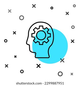 Línea negra Cabeza humana con el engranaje dentro del icono aislado sobre fondo blanco. Inteligencia artificial. Pensando en el cerebro. Trabajo de símbolo del cerebro. Formas dinámicas aleatorias. Vector