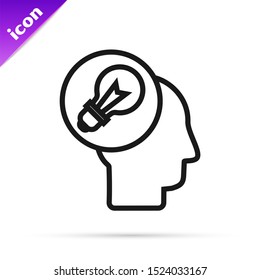 Black line Human head with lamp bulb icon isolated on white background.  Vector Illustration