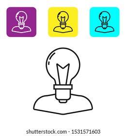 Black line Human head with lamp bulb icon isolated on white background. Set icons colorful square buttons. Vector Illustration
