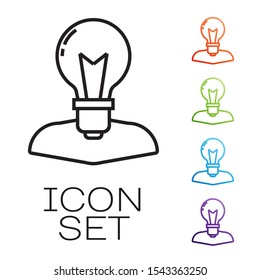 Black line Human head with lamp bulb icon isolated on white background. Set icons colorful. Vector Illustration
