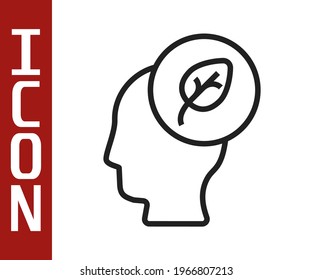 Black line Human head with leaf inside icon isolated Black line background.  Vector