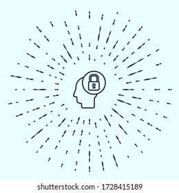 Black line Human head with lock icon isolated on grey background. Abstract circle random dots. Vector Illustration