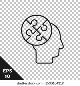 Black line Human head puzzles strategy icon isolated on transparent background. Thinking brain sign. Symbol work of brain.  Vector Illustration