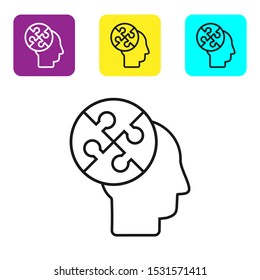 Black line Human head puzzles strategy icon isolated on white background. Thinking brain sign. Symbol work of brain. Set icons colorful square buttons. Vector Illustration