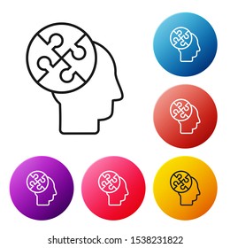 Black line Human head puzzles strategy icon isolated on white background. Thinking brain sign. Symbol work of brain. Set icons colorful circle buttons. Vector Illustration
