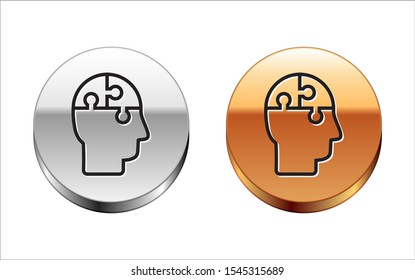 Black line Human head puzzles strategy icon isolated on white background. Thinking brain sign. Symbol work of brain. Silver-gold circle button. Vector Illustration