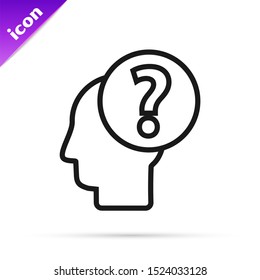 Black line Human head with question mark icon isolated on white background.  Vector Illustration