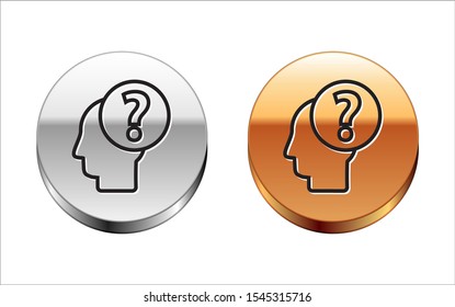 Black line Human head with question mark icon isolated on white background. Silver-gold circle button. Vector Illustration