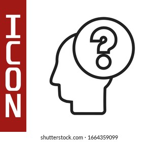 Black line Human head with question mark icon isolated on white background.  Vector Illustration