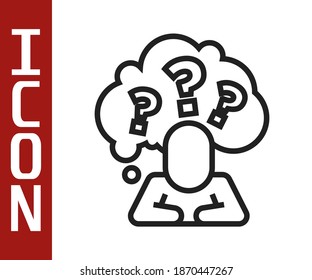 Línea negra Cabeza humana con icono de signo de interrogación aislado en fondo blanco.  Vector