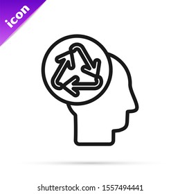 Black line Human head with recycle icon isolated on white background. Recycling thinking. Ecology friendly.  Vector Illustration