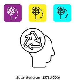 Black line Human head with recycle icon isolated on white background. Recycling thinking. Ecology friendly. Set icons colorful square buttons. Vector Illustration