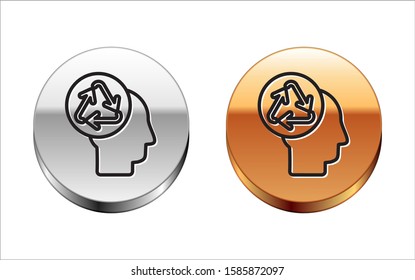 Black line Human head with recycle icon isolated on white background. Recycling thinking. Ecology friendly. Silver-gold circle button. Vector Illustration