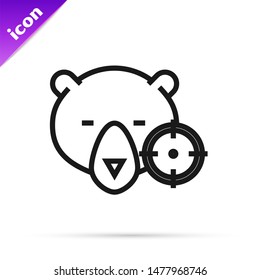 Black line Hunt on bear with crosshairs icon isolated on white background. Hunting club logo with bear and target. Rifle lens aiming a bear.  Vector Illustration