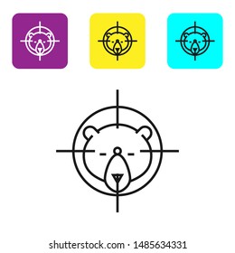 Black line Hunt on bear with crosshairs icon isolated on white background. Hunting club logo with bear and target. Rifle lens aiming a bear. Set icons colorful square buttons. Vector Illustration