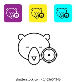 Black line Hunt on bear with crosshairs icon isolated on white background. Hunting club logo with bear and target. Rifle lens aiming a bear. Set icons colorful square buttons. Vector Illustration
