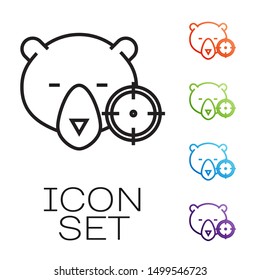 Black line Hunt on bear with crosshairs icon isolated on white background. Hunting club logo with bear and target. Rifle lens aiming a bear. Set icons colorful. Vector Illustration