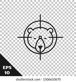Black line Hunt on bear with crosshairs icon isolated on transparent background. Hunting club logo with bear and target. Rifle lens aiming a bear.  Vector Illustration