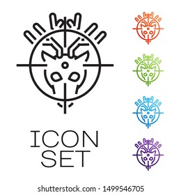 Black line Hunt on deer with crosshairs icon isolated on white background. Hunting club logo with deer and target. Rifle lens aiming a deer. Set icons colorful. Vector Illustration