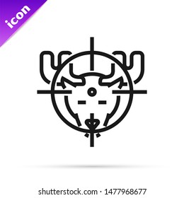 Black line Hunt on moose with crosshairs icon isolated on white background. Hunting club logo with moose and target. Rifle lens aiming a moose.  Vector Illustration