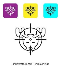 Black line Hunt on moose with crosshairs icon isolated on white background. Hunting club logo with moose and target. Rifle lens aiming a moose. Set icons colorful square buttons. Vector Illustration