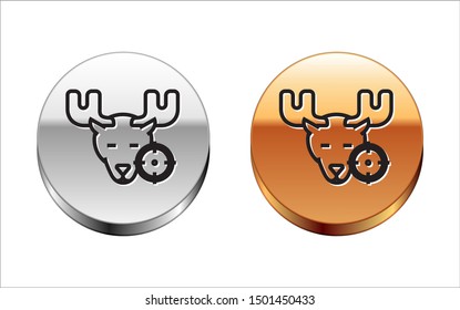 Black line Hunt on moose with crosshairs icon isolated on white background. Hunting club logo with moose and target. Rifle lens aiming a moose. Silver-gold circle button. Vector Illustration