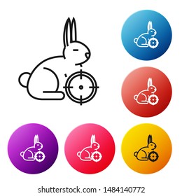 Black line Hunt on rabbit with crosshairs icon isolated on white background. Hunting club logo with rabbit and target. Rifle lens aiming a hare. Set icons colorful circle buttons. Vector Illustration