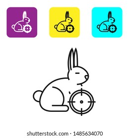 Black line Hunt on rabbit with crosshairs icon isolated on white background. Hunting club logo with rabbit and target. Rifle lens aiming a hare. Set icons colorful square buttons. Vector Illustration