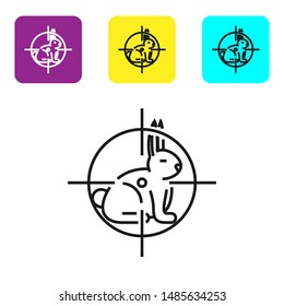 Black line Hunt on rabbit with crosshairs icon isolated on white background. Hunting club logo with rabbit and target. Rifle lens aiming a hare. Set icons colorful square buttons. Vector Illustration