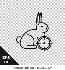 Black line Hunt on rabbit with crosshairs icon isolated on transparent background. Hunting club logo with rabbit and target. Rifle lens aiming a hare.  Vector Illustration