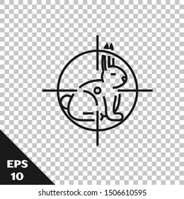 Black line Hunt on rabbit with crosshairs icon isolated on transparent background. Hunting club logo with rabbit and target. Rifle lens aiming a hare.  Vector Illustration