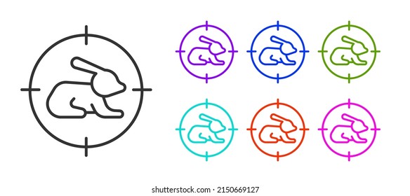 Black line Hunt on rabbit with crosshairs icon isolated on white background. Hunting club logo with rabbit and target. Rifle lens aiming a hare. Set icons colorful. Vector