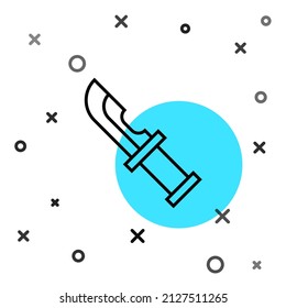 Schwarze Linie Jäger Messer Symbol einzeln auf weißem Hintergrund. Armeemesser. Zufällige dynamische Formen. Vektorgrafik