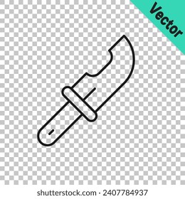 Icono de cuchillo Hunter de línea negra aislado en fondo transparente. Cuchillo del ejército.  Vector