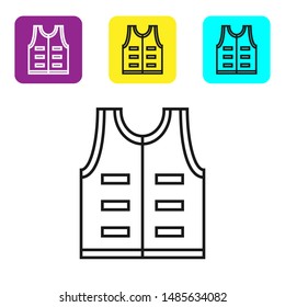 Black line Hunting jacket icon isolated on white background. Hunting vest. Set icons colorful square buttons. Vector Illustration