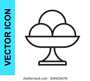 Black line Ice cream in the bowl icon isolated on white background. Sweet symbol.  Vector