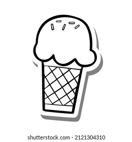 Black line Ice Cream Cone on white silhouette and gray shadow. Hand drawn cartoon style. Vector illustration for decorate, coloring and any design.