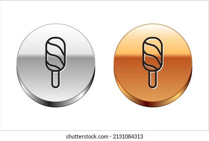 Black line Ice cream icon isolated on white background. Sweet symbol. Silver-gold circle button. Vector