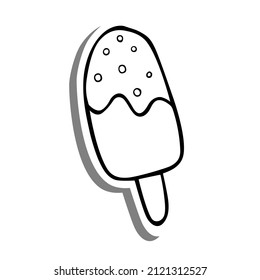 Black line Ice Cream Popsicle on white silhouette and gray shadow. Hand drawn cartoon style. Vector illustration for decorate, coloring and any design.