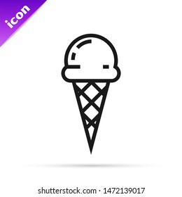 Black line Ice cream in waffle cone icon isolated on white background. Sweet symbol.  Vector Illustration