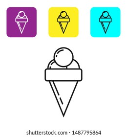 Black line Ice cream in waffle cone icon isolated on white background. Sweet symbol. Set icons colorful square buttons. Vector Illustration