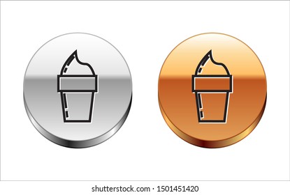 Black line Ice cream in waffle cone icon isolated on white background. Sweet symbol. Silver-gold circle button. Vector Illustration