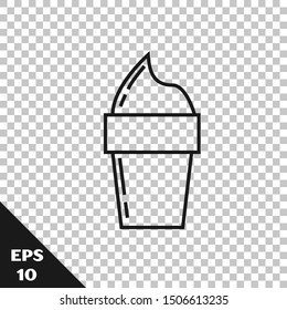 Black line Ice cream in waffle cone icon isolated on transparent background. Sweet symbol.  Vector Illustration