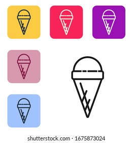 Black line Ice cream in waffle cone icon isolated on white background. Sweet symbol. Set icons in color square buttons. Vector Illustration