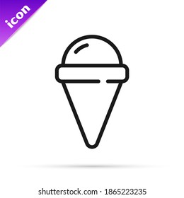 Black line Ice cream in waffle cone icon isolated on white background. Sweet symbol.  Vector